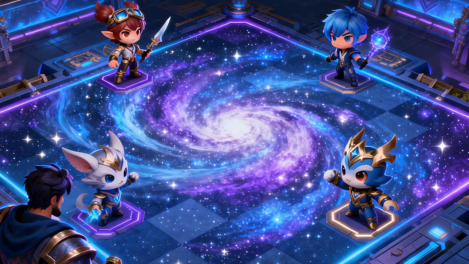 金铲铲之战新赛季主题视觉图，展示了全新的棋盘皮肤和赛季限定小小英雄，背景为星空主题的竞技场