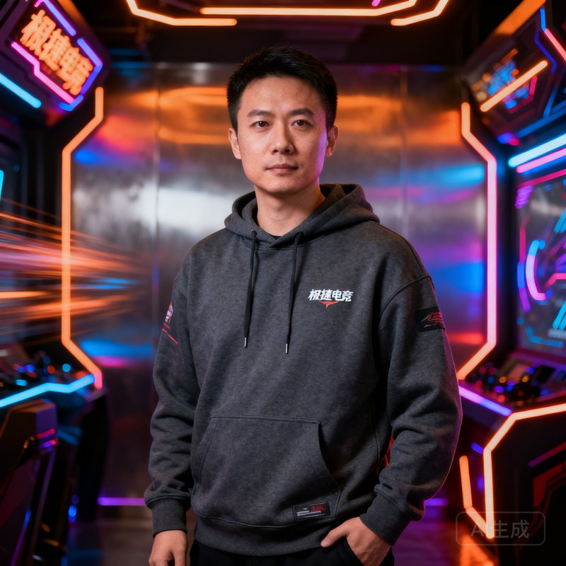 极速电竞创始人兼CEO陈一鸣的半身肖像照，他穿着深灰色连帽卫衣，背景是电竞主题的霓虹灯装饰墙