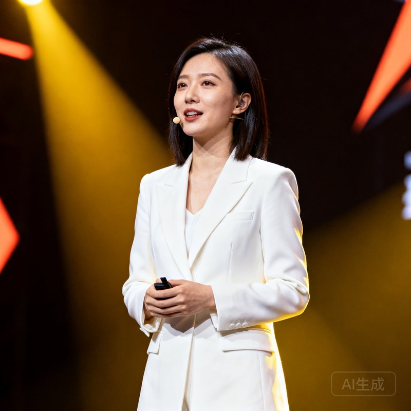 极速电竞市场总监苏晓晴在品牌发布会上的演讲照片，她身着干练的白色西装，舞台灯光聚焦在她身上